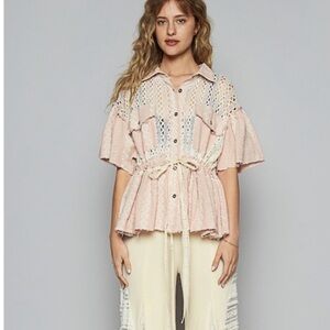 POL Blush The Gracie" Pink Crochet Embroidered Drawstring Top size small